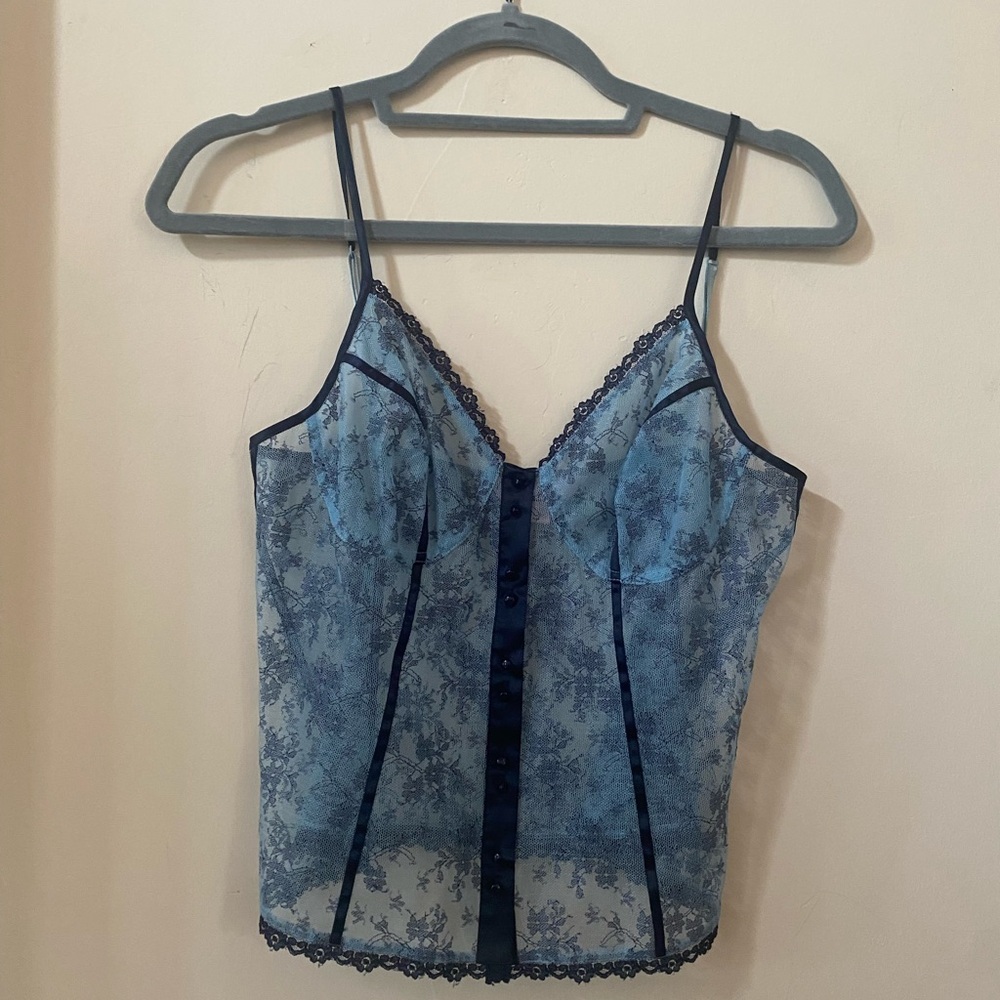 Victoria’s Secret Angels Lace Corset Bustier Top Blue Floral Mesh Size M